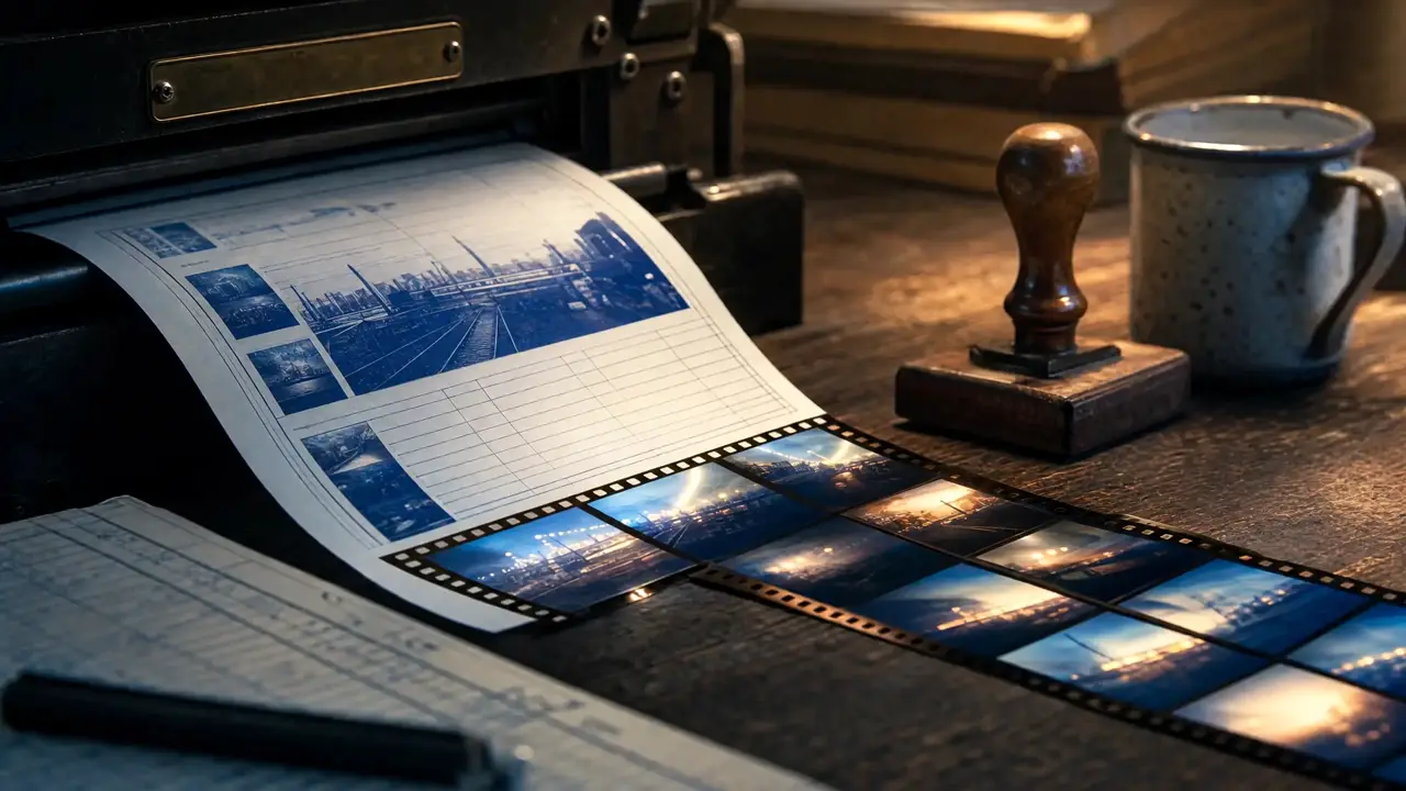 A dispatch desk where a printed article fans out into a strip of film frames